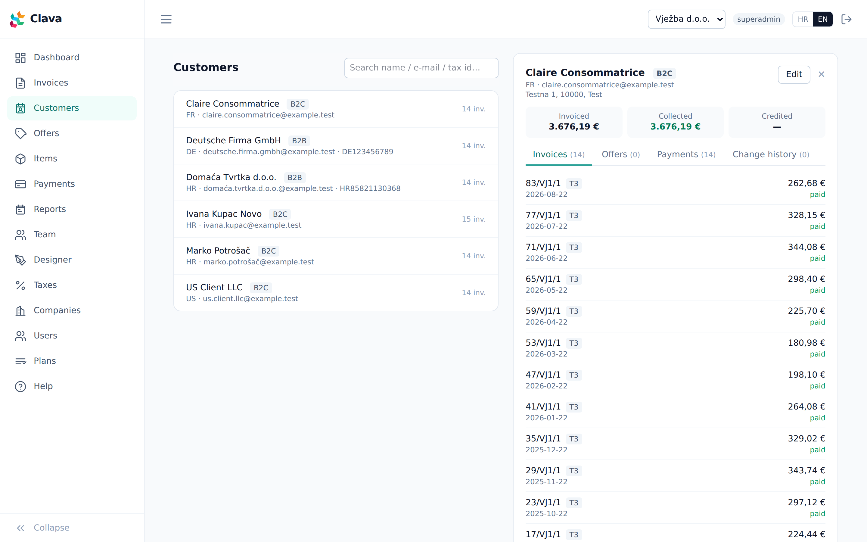 Customer detail with linked invoices, offers and change history