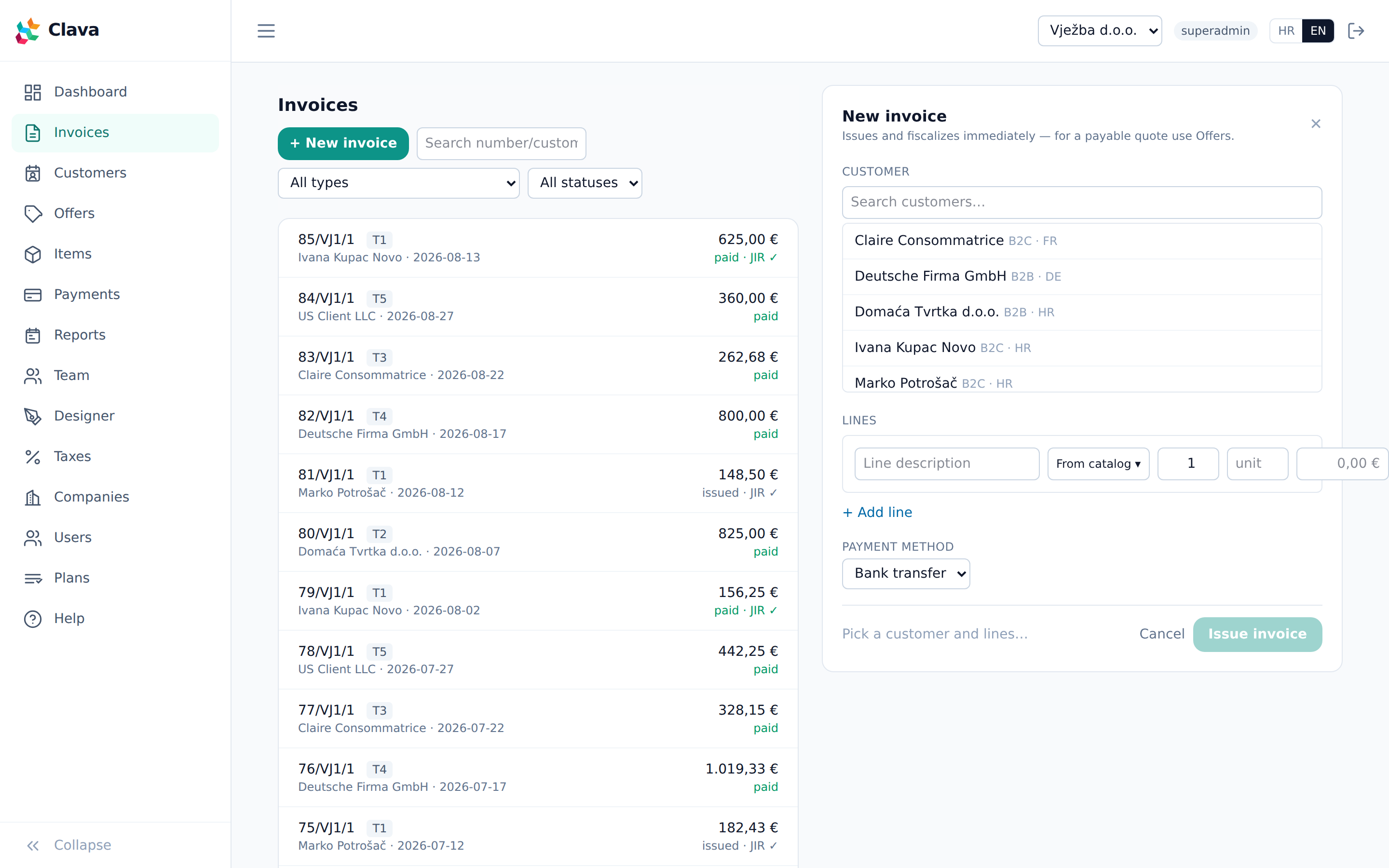 Invoice list with an open invoice showing its fiscalization codes