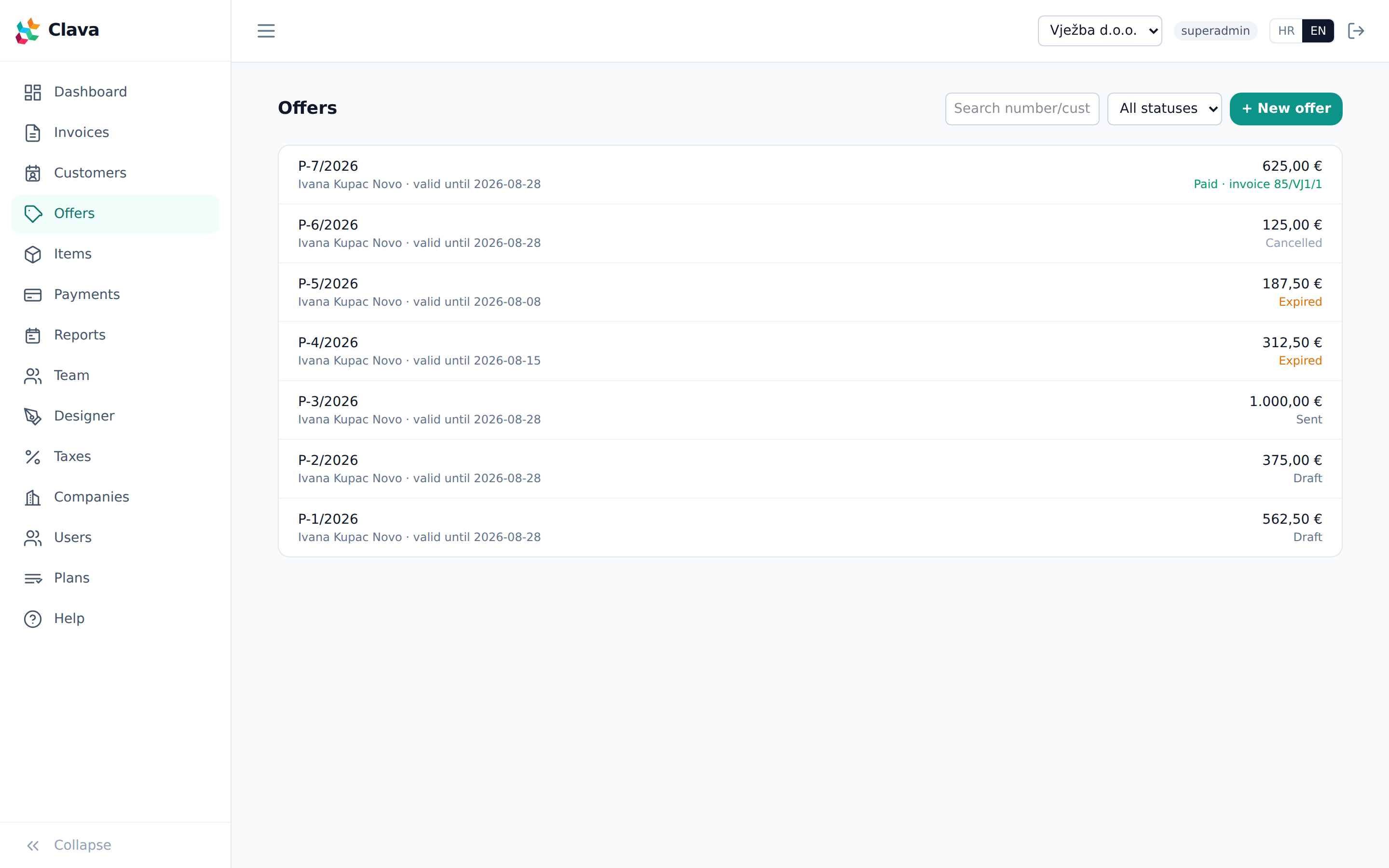 Offers list with statuses and validity dates