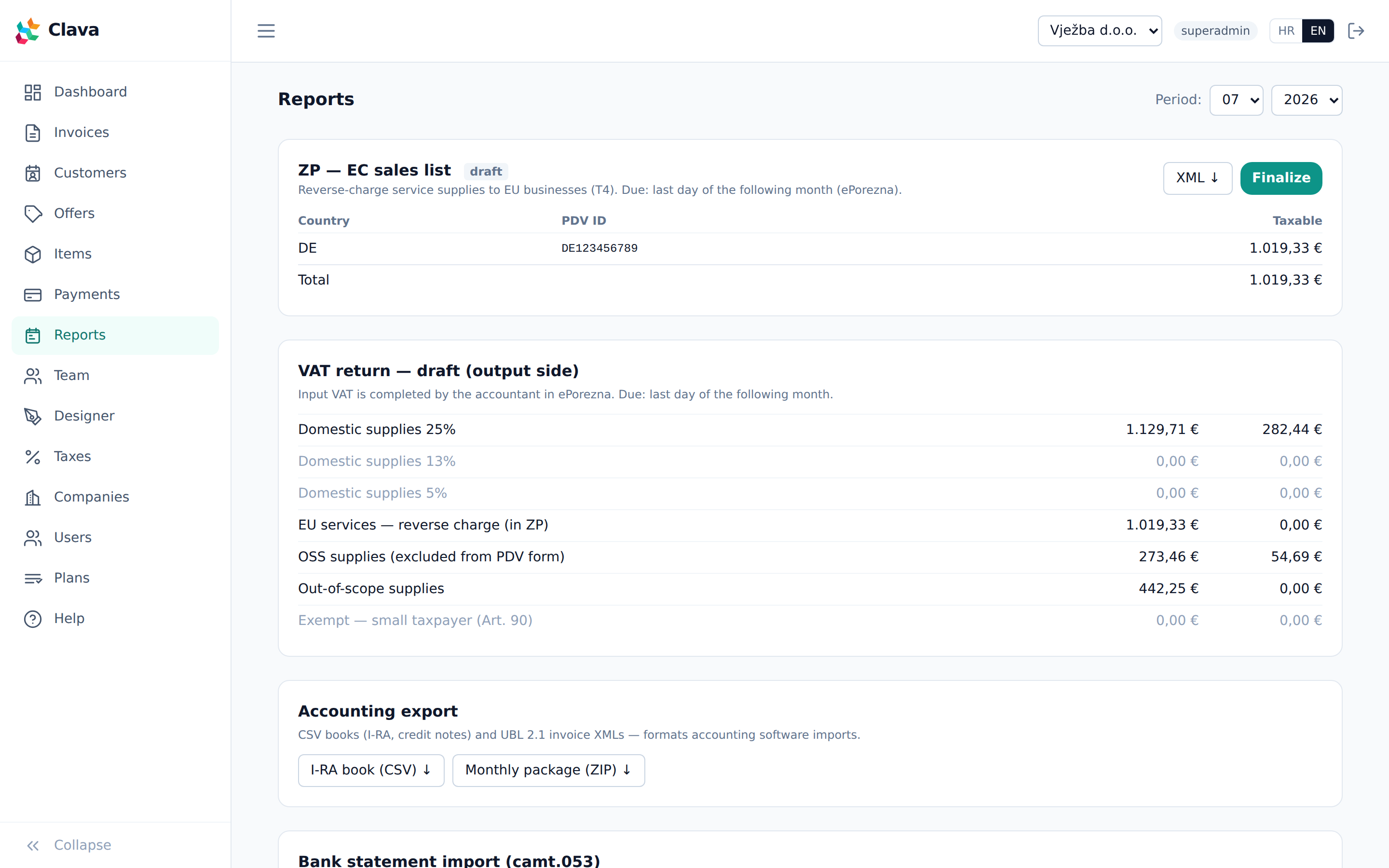 Reports screen with VAT draft, I-RA book and accounting export